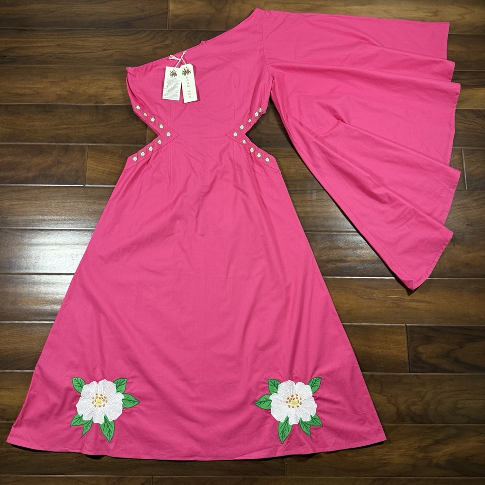 Fanm Mon Size XL Pink Embroidered Narma Amarya One Shoulder Cut Out Midi‎ Dress